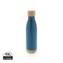 Vacuum stainless steel bottle with bamboo lid and bottom Blue