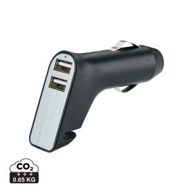 Dual port car charger with belt cutter and hammer Black